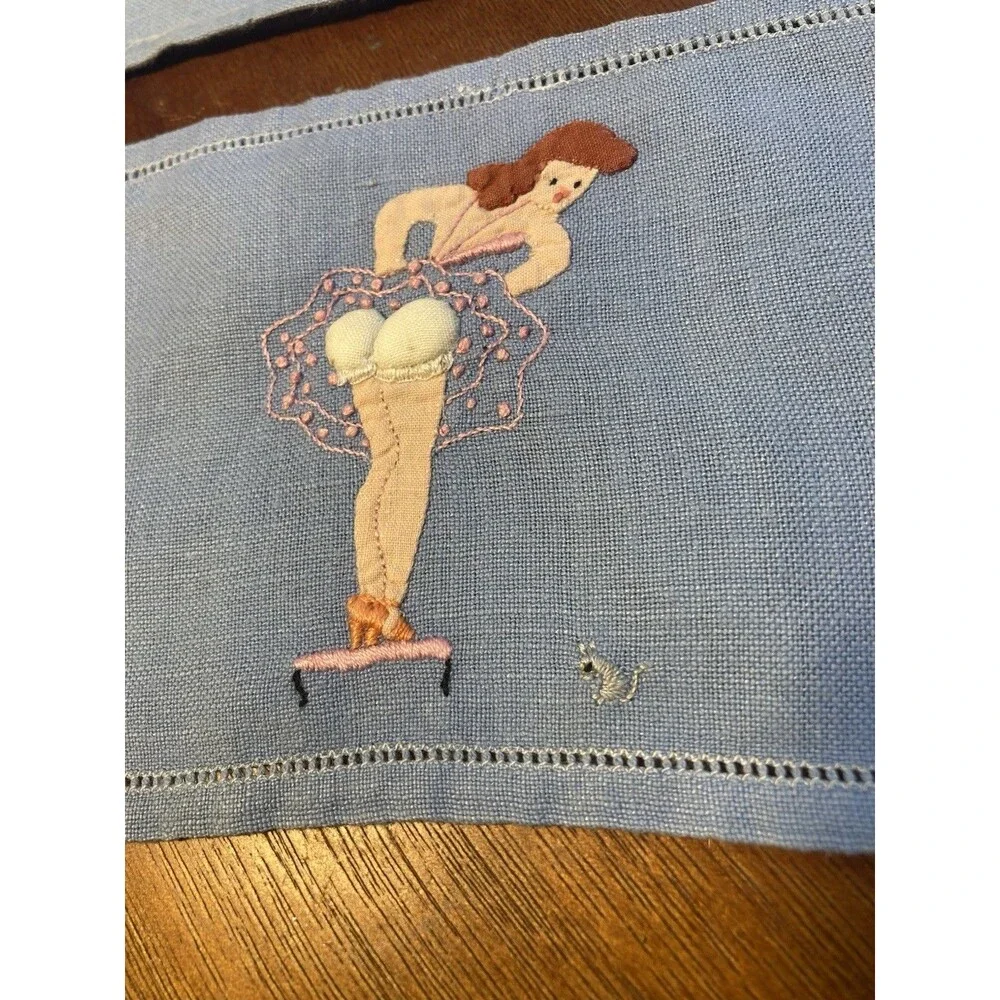 Vintage Cocktail Napkins Risque  Pin Up Girls Madeira Embroidered Linen LOT 5